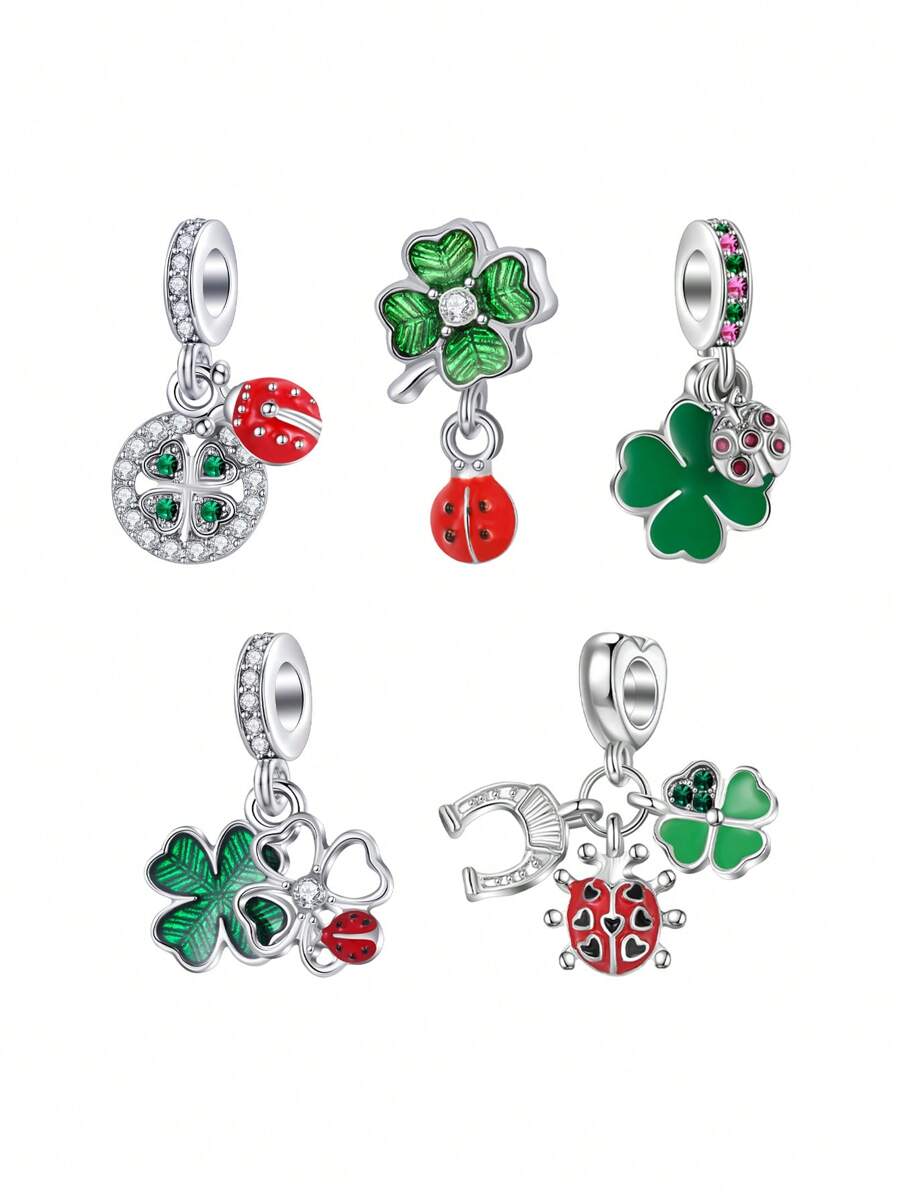 1pc Minimalist Fashion Spring/Summer New Lucky Four Leaf Clover & Ladybug DIY Pendant Accessories For Women, Bracelet Necklace Handmade Crafted Gift