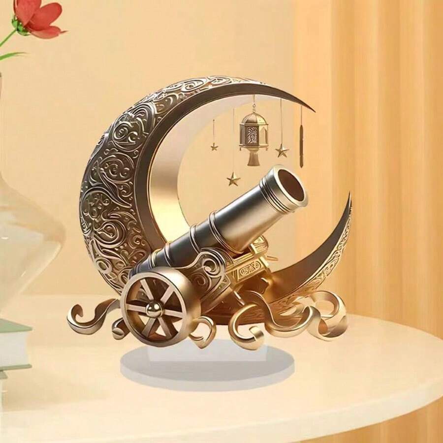 1 pieza Adorno de escritorio acrílico con media luna y cañón de Ramadán en 2D - Perfecto para decoración del hogar, oficina o cafetería, regalo ideal para festividades