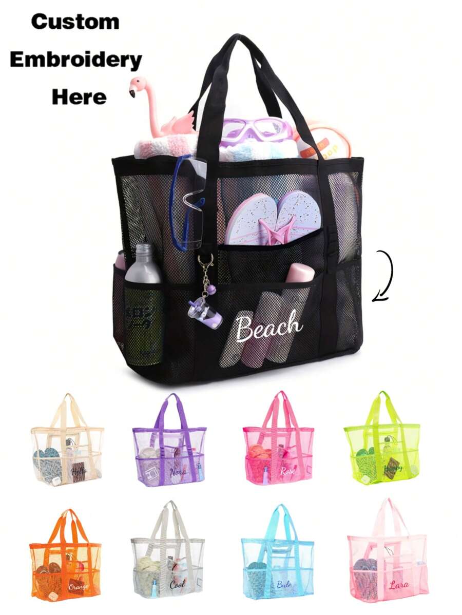 1pc Embroidery Customization Large Capacity Polyester Mesh Shoulder Bag, Lightweight Foldable Beach Bag, Portable Travel Washing And Swimming Storage Bag, Holiday Gift For Mother,Multifunction,Versatile,Large Capacity,Lightweight,Functional,Practical,All-Purpose,Colorful,Cute,Adorable,Contracted,Funny,Kawaii,Y2K,Minimalist,Commuting,Business Casual,Basics,Custom,Personalized,Unique,Customized,Ideal Gifts For Him,Ideal Gifts For Her,Her,Boyfriend,Girlfriend,Family,Friends,For Anniversaries,For Teacher Gifts,For University,For Colleague,For Dorm Rooms,For Teacher,For Boys And Girls,For Teenagers,Junior High School Students,Middle School Students,High School Senior High School Students,College Students,University Students,Freshman,Sophomore,Underclassmen
