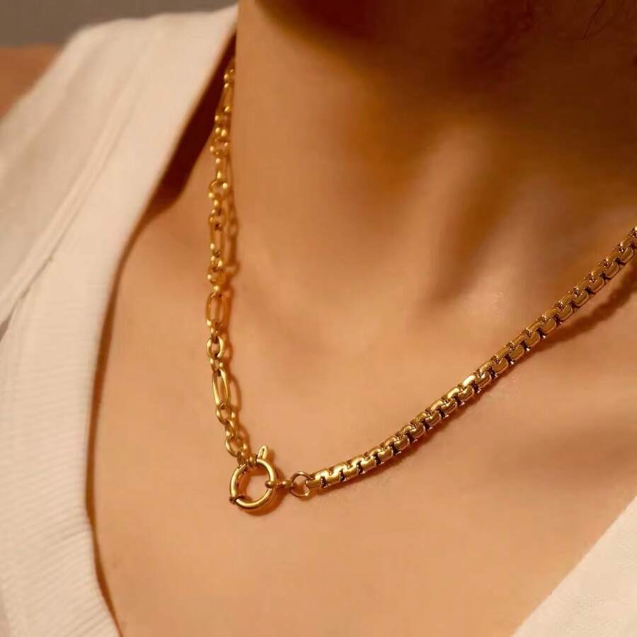 Uself 1 pieza Collar retro chapado en oro de 18K de acero inoxidable resistente al agua, minimalista, regalo de fiesta, collar con forma de O y punto hecho a mano, joyería para apilar, adecuado para uso diario, vacaciones, playa, etc.