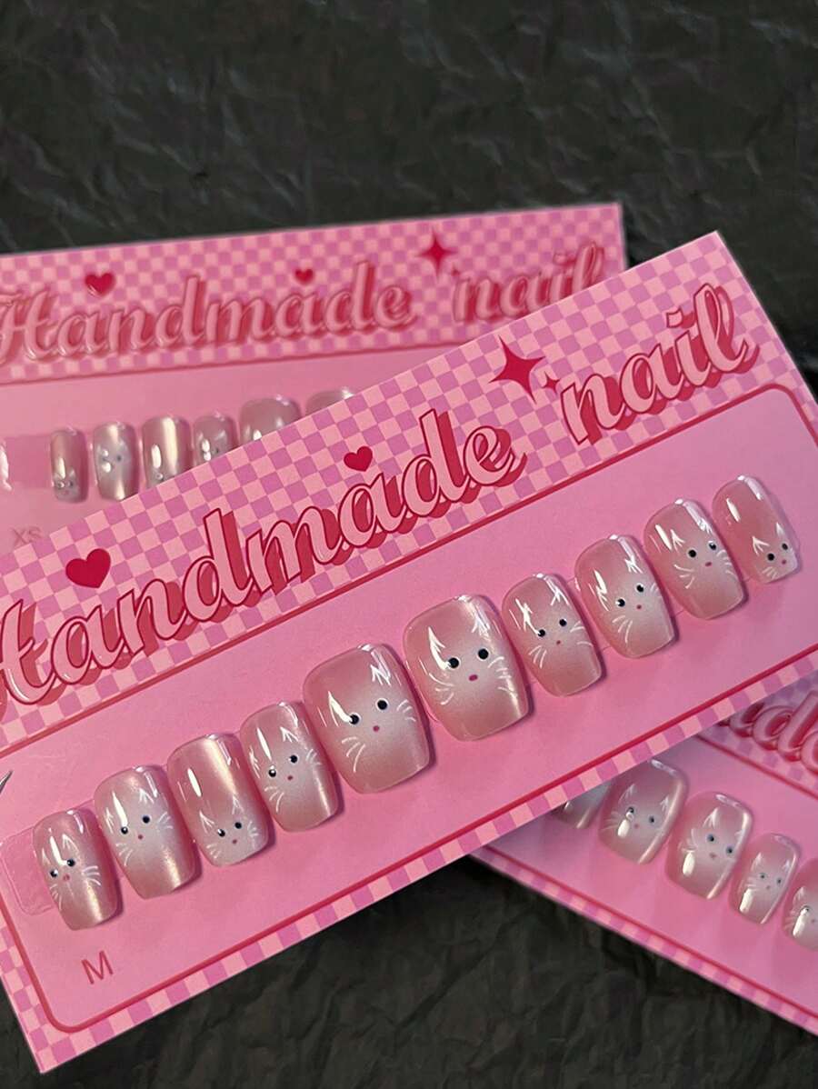 10pcs Cat Eye Nails Kawaii Cat Press On Nails Short Coffin Shape Nails Art Lovely Fake Nails Manicure Set Includes 1sheet Adhesive Tabs & 1pc Mini File Perfect For Everyday Wvear