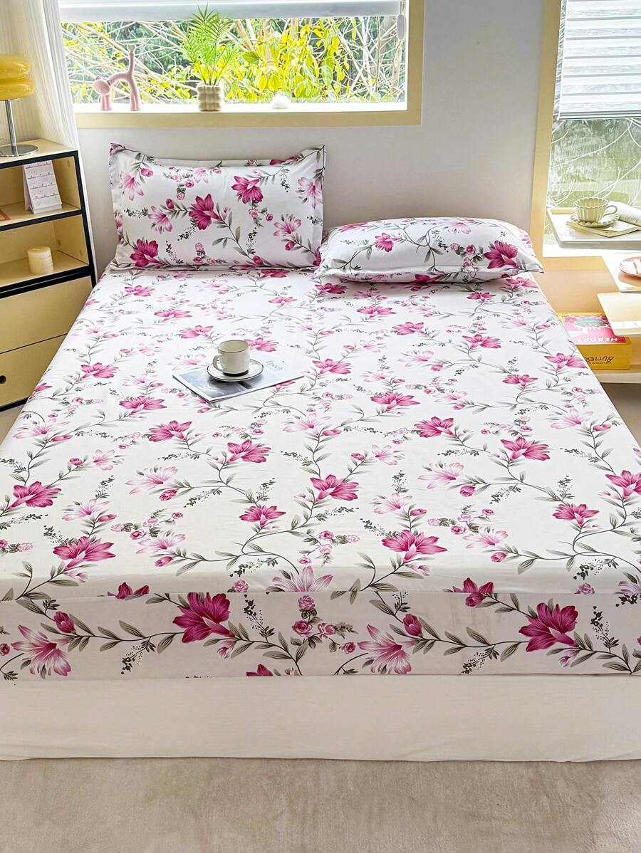 3 Pieces Set Reactive Printed Soft Fitted Sheet With 2 Pillow Covers