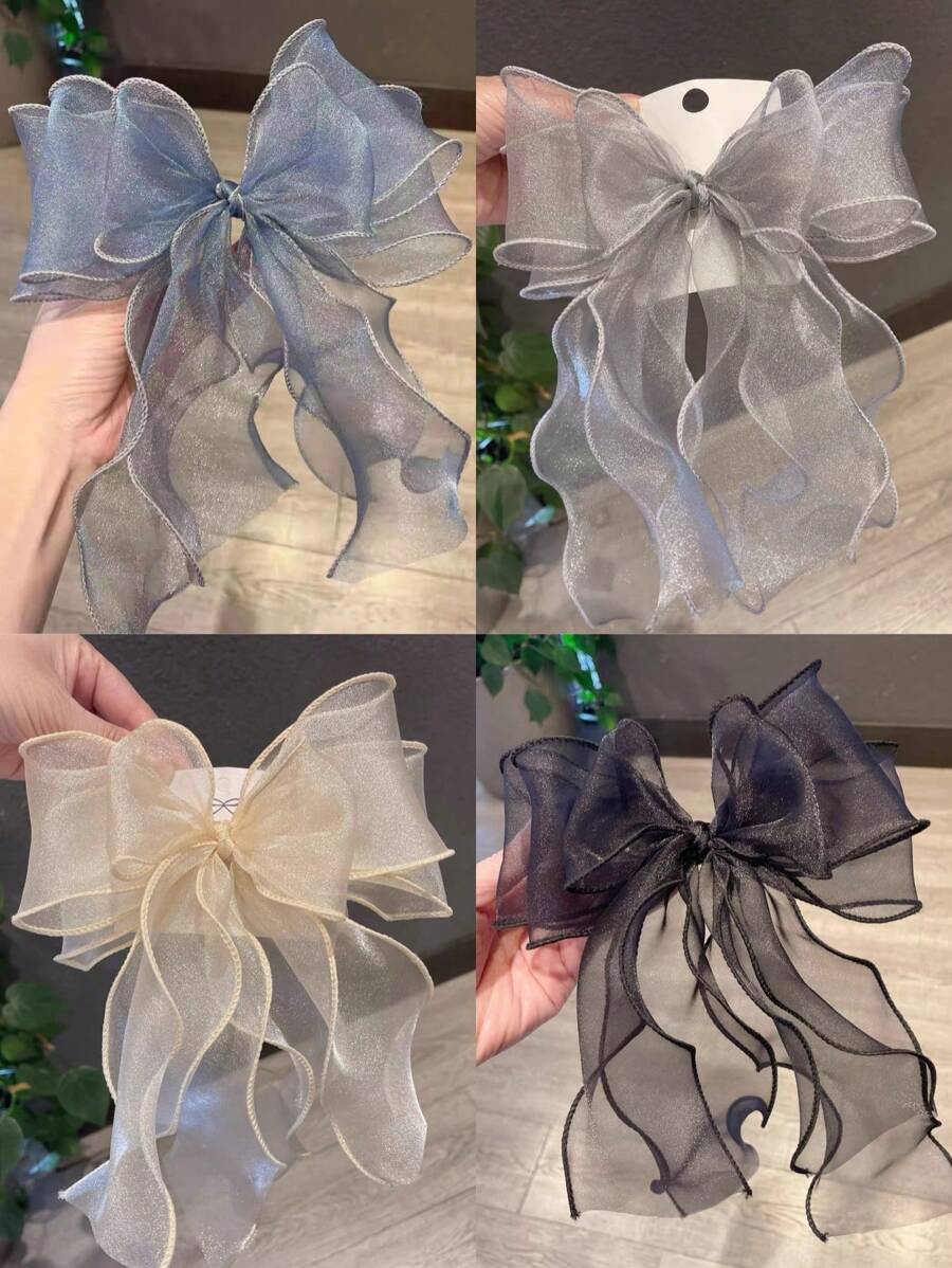 1pc Girls Simple Fashion Tulle Bow & Ribbon Spring Clamp Hair Clip, No Cardboard