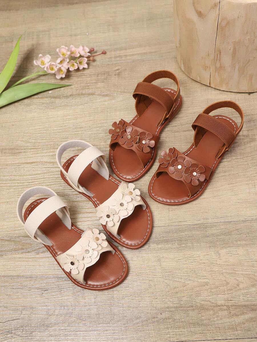 1 Pair Plus Size Toddler Girls Ivory White Flat Sandals, Solid PU Material, Shiny Rhinestone Flower Decor, Elastic Back Strap, Round Toe, Fashion Luxury Cute Flat Sandals Suitable For 3-15 Years Old Girls Daily, Party, Travel, Spring/Summer 2025