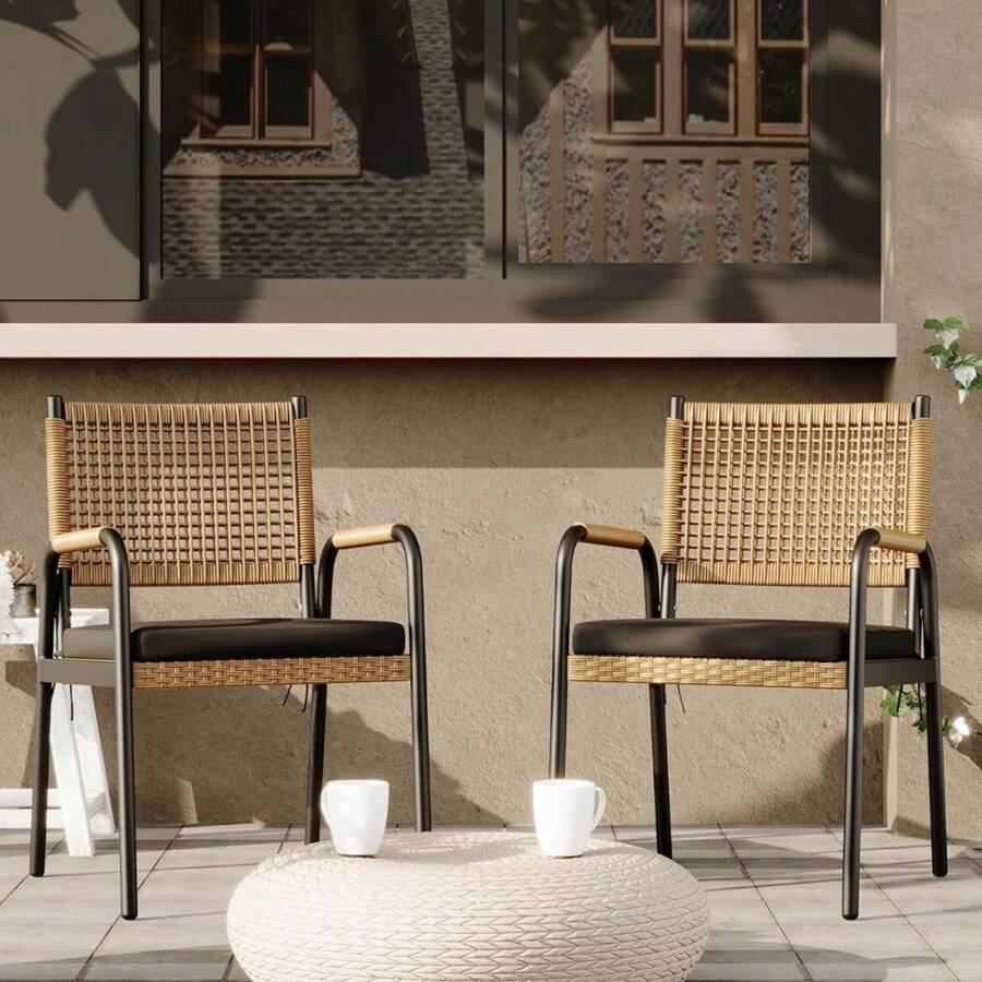 GOCAPTAIN Patio Wicker Chairs Set Of 2, Balcony Rattan Chairs With Metal Frame & Square Pattern Design For Outdoor, Lawn, Deck, Porch, Balcony, Backyard And Garden