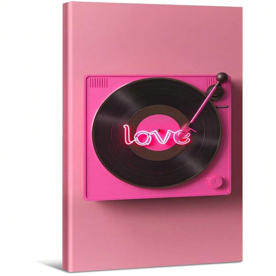 Un tourne-disque rose avec des autocollants néon. Grande peinture murale encadrée en bois, décoration d'intérieur, peinture à l'huile - Chambre, salle de bain, salon, bureau, cuisine, cadeaux de Noël - 1 pièce