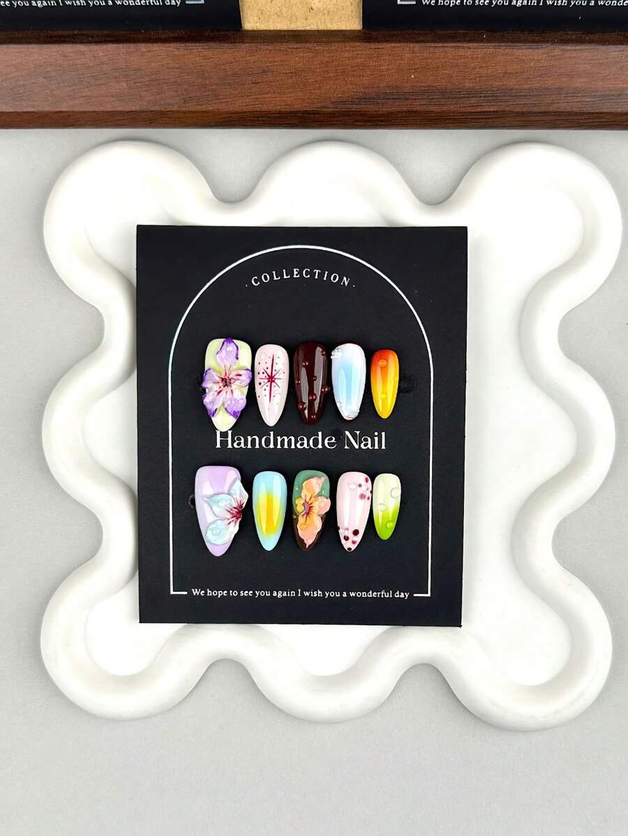 10 stuks kleurrijke amandelkunstnagels voor vingers met natuurlijke en gladde randen voor professionele nagelsalons (het werkelijke patroon kan enigszins afwijken van de afbeelding vanwege het handwerk)