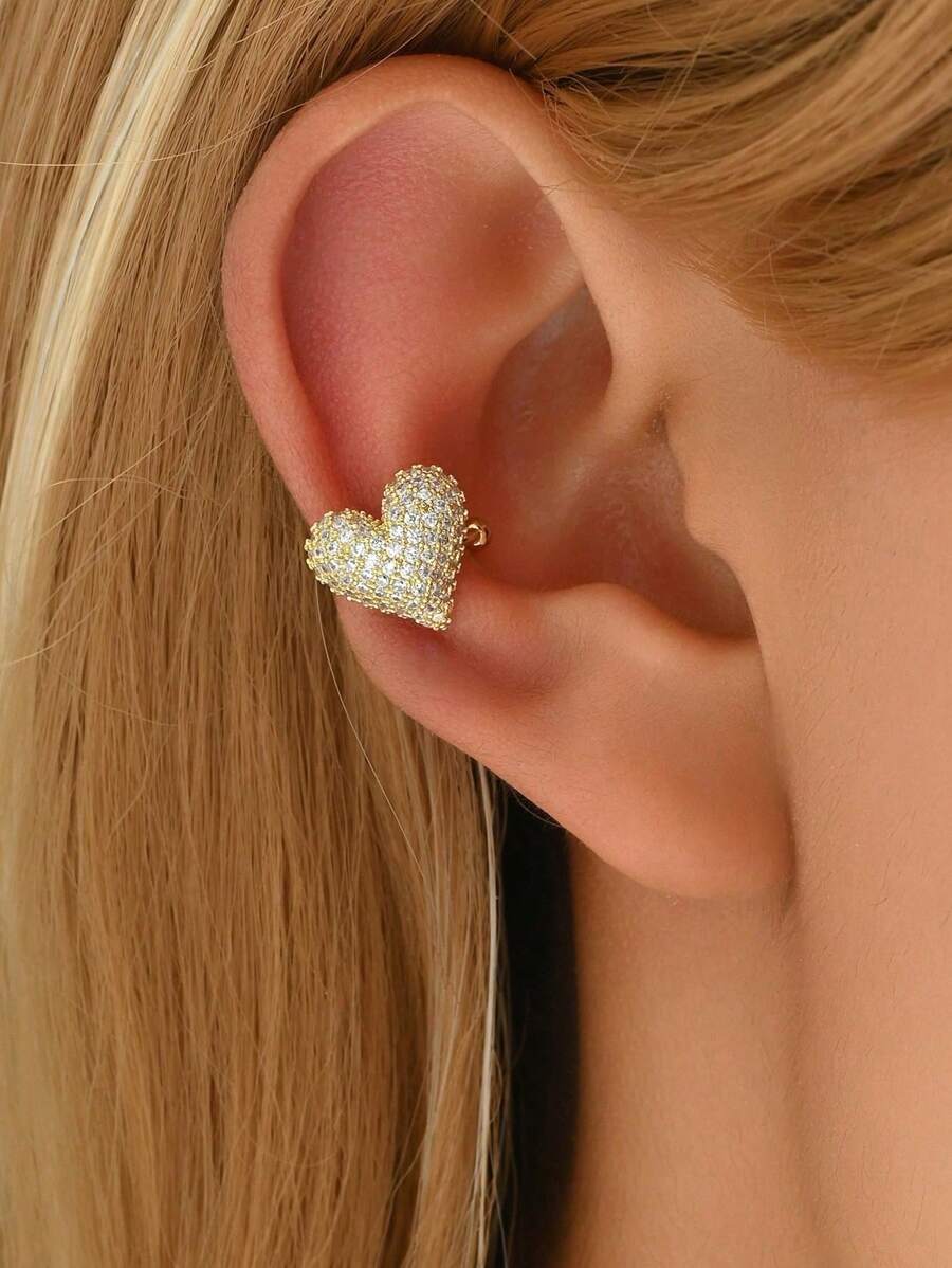 1 Stück Mikro Pavé Zirkonia 3D Herz Ohrclip, kein Piercing erforderlich, minimalistisch, chic, vielseitig, neue europäische & amerikanische Retro Stil Ohrringe Accessoires
