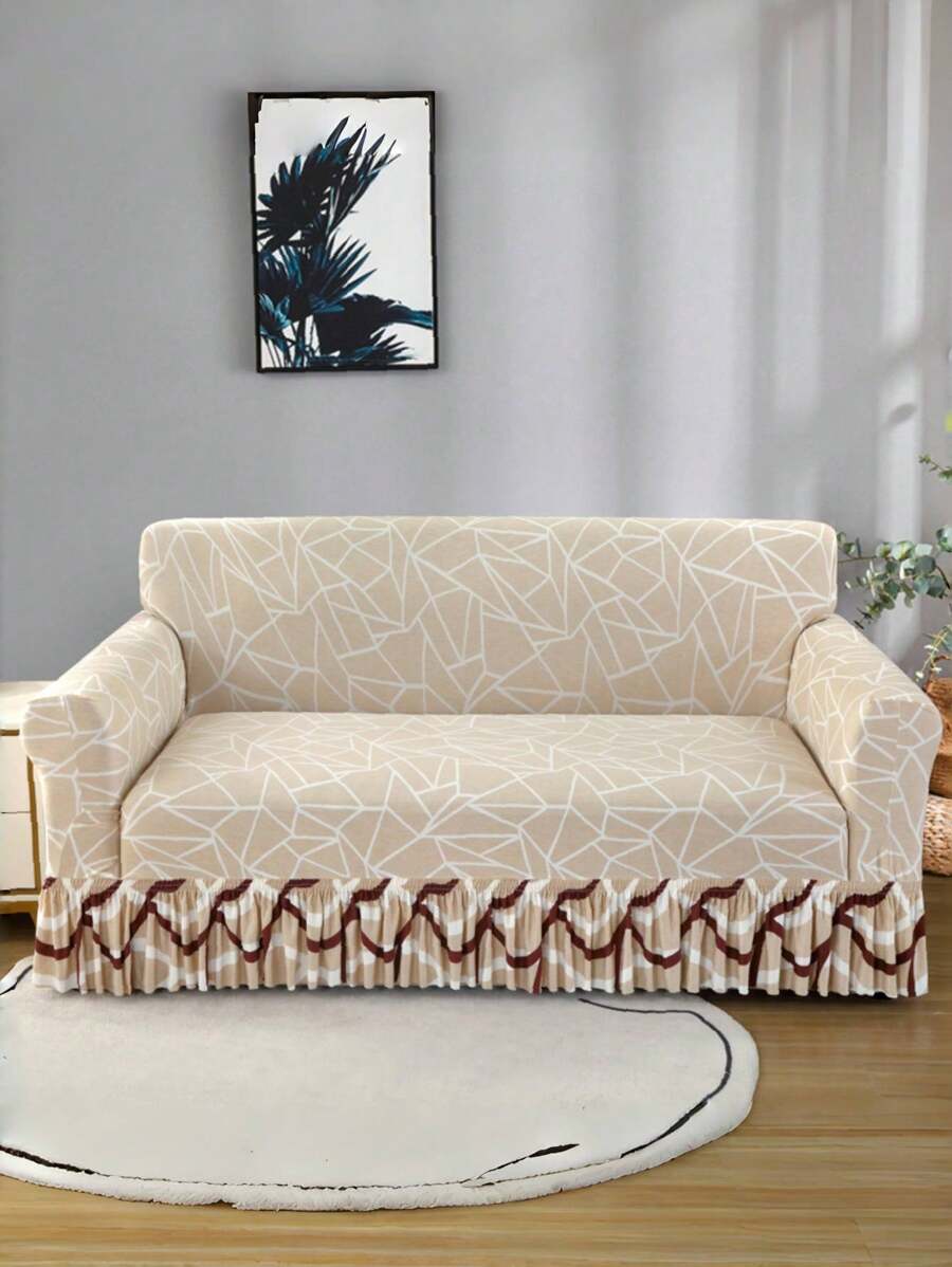 1 peça linda capa de sofá com saia decorativa, antiderrapante, elástica, tecido de seda leitosa, antissujeira para animais de estimação, assento único, assento duplo, três assentos, quatro assentos, estampa geométrica, capa de sofá, estilo saia, estilo quatro estações