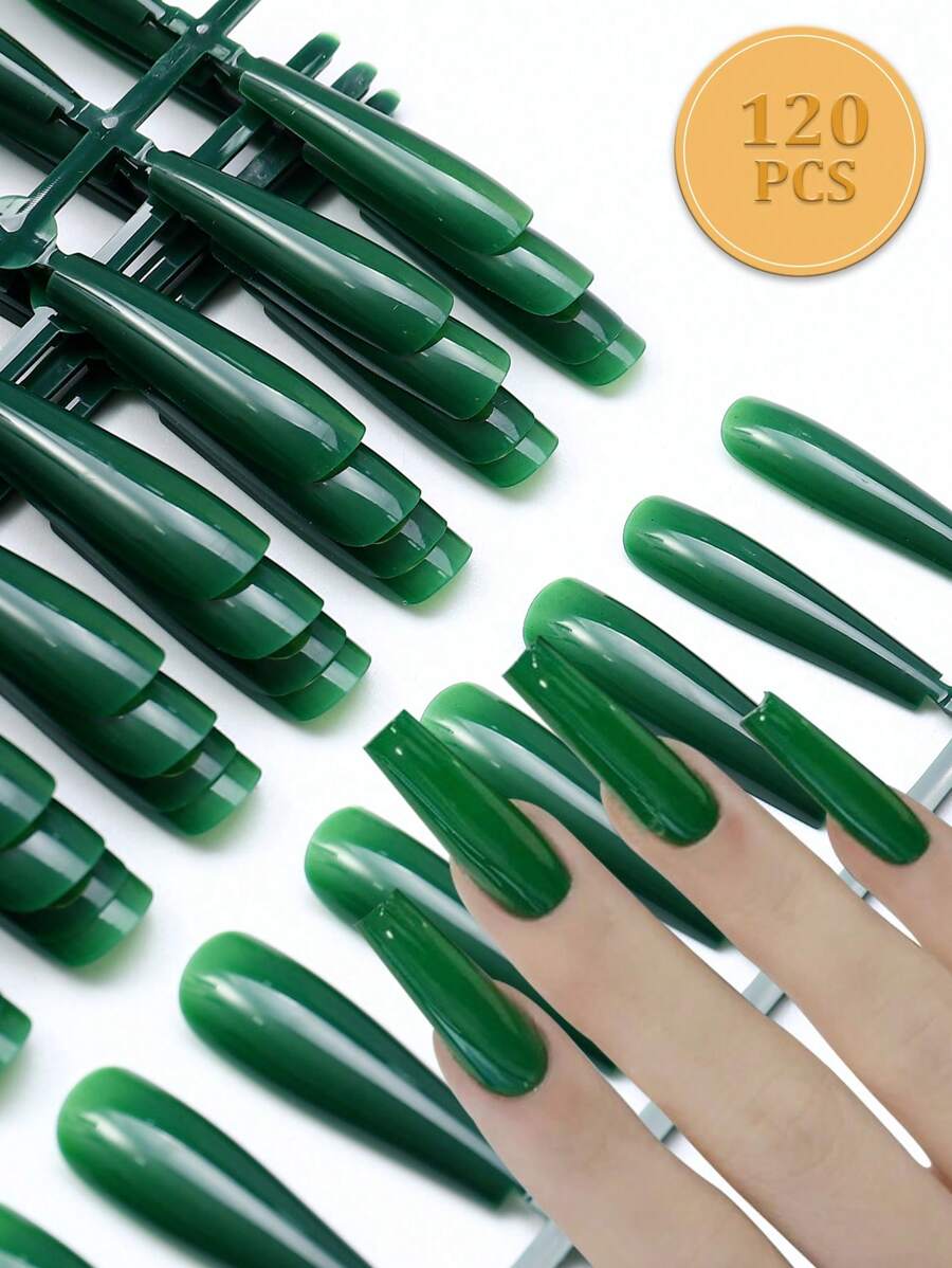 120-Pcs Classic Solid Coffin Shape Press On Nails Set Elegant Green , Full Coverage, Easy Application - Perfect For Daily Style I Ncludes 5sheet Adhestive Tabs 5pcs Mini File