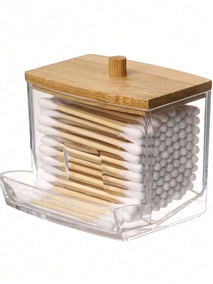 1 pieza Soporte acrílico para hisopos con tapa de bambú, dispensador pequeño transparente para hisopos, soporte plástico para palillos para los oídos, recipiente de almacenamiento para mondadientes, organizador decorativo de encimera para baño