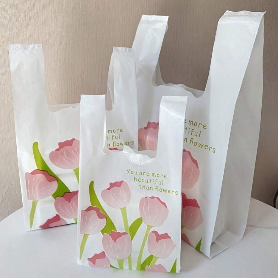 50 Pieces - PE Printed Shopping Bag With Handle, Maple Feather Bag, Avocado Tote Bag, Rose Tulip Gift Bag, Cherry Tote Bag, Plastic Packaging Bag, Jewelry Bag, Disposable Durable Grocery Retail Bag, Suitable For Supermarkets, Restaurants, And Daily Use, Suitable For Graduation Season, Birthday Parties, Suitable For Mother's Day And Eid Al Adha