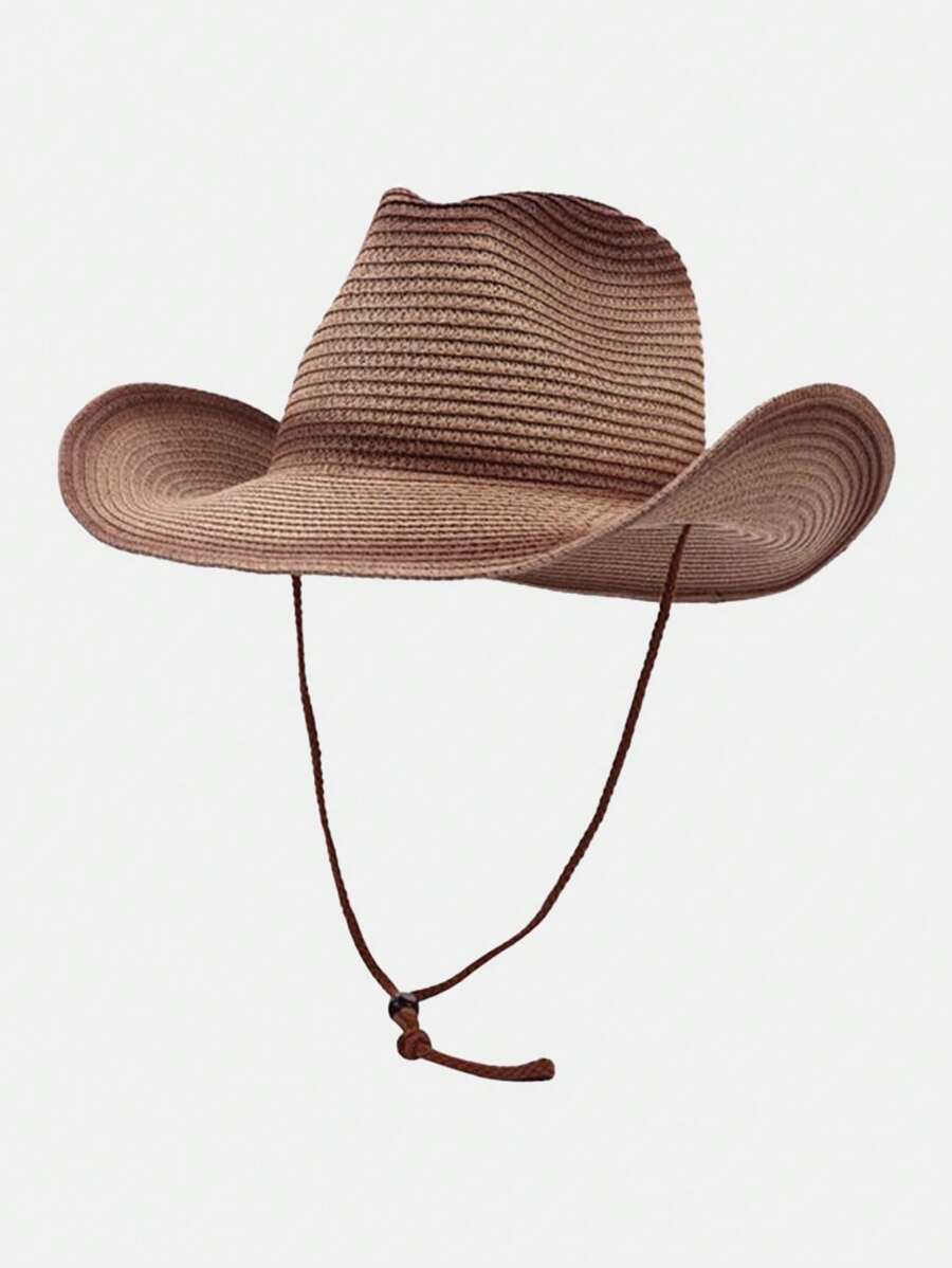 1 pieza Sombrero de vaquero occidental, sombrero de paja de color degradado retro, sombrero de protección solar para verano para senderismo, pesca y actividades al aire libre