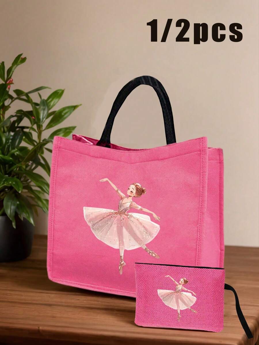 Un bolso de mano hecho de material de lino con un lindo diseño de cachorrito de dibujos animados con manchas, que incluye un bolso de mano y una bolsa de maquillaje.