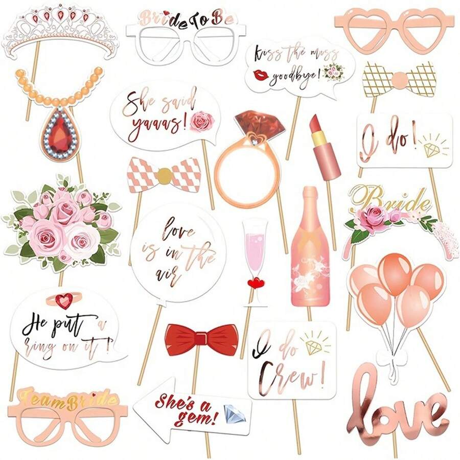 AFYPRTY 23pcs Wedding Photo Props Rose Gold Photo Booth Paper Props Handheld Photo Props Paper Hot Stamping Party Decorations For Wedding Party Decoration Gifts Birthday Graduation
