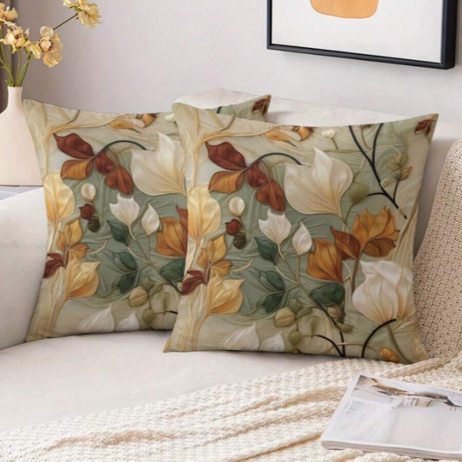 1PC,Botanical - Bohemian Style. Decorative Pillow With Nature - Inspired Leaf And Flower Patterns. All - Year - Round Applicable. (Pillow Inserts Not Included)