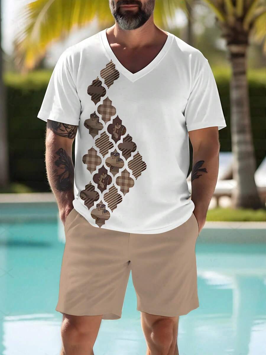 Conjunto de 2 piezas para hombres talla grande, camiseta de cuello en V casual y pantalones cortos, 100% poliéster, impresión posicionada, ligeramente elástico, ajuste regular, tejido de punto - Ropa deportiva de moda