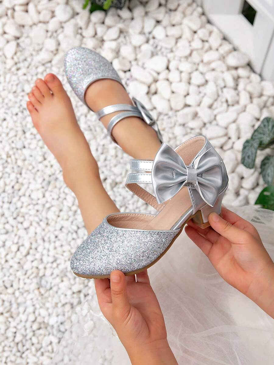 New Silver Bow Decorated Glitter Princess Formal Dress Shoes For Little Girls, High Heel Shoes For Kids Performance & Party