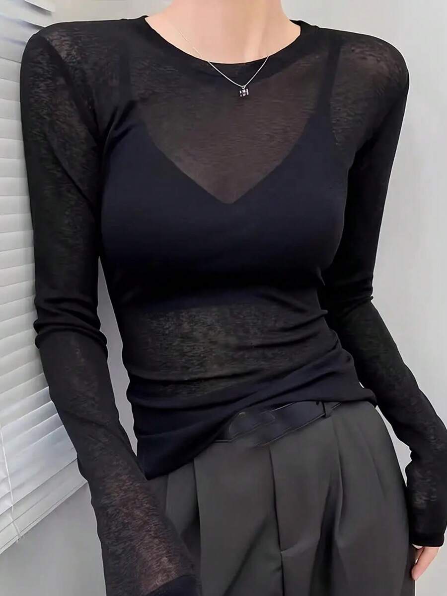 Women's Sheer Long Sleeve T-Shirt - Elegant Stretchy Polyester Tops With Lace Detail, Fitted Crew Neck Casual & Formal Lightweight Shirts, Suitable For Spring Summer, Casual & Chic Top | Crew Neck Top | Stretchy Fabric