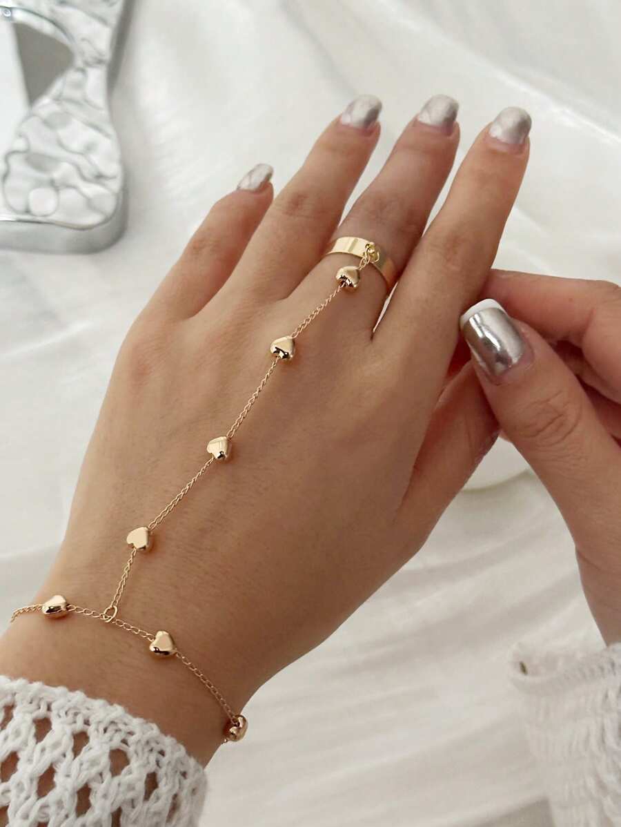 1 pièce Bague pour doigt/articulation en forme de cœur minimaliste avec chaîne, accessoire de mode multi-porter pour femmes