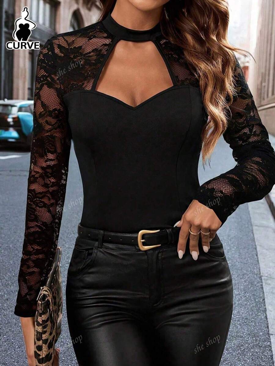 Women's Contrast Lace Sexy Honeymoon Vacation Style Slim Casual T-Shirt, Spring/Summer