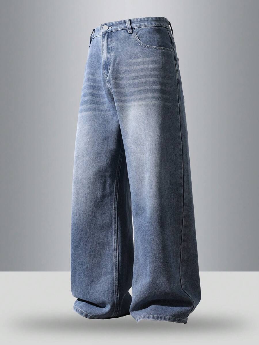 HEHCN Men's Distressed Vintage Loose Straight Leg Casual Blue Jeans, Wide-Leg Pants,Suitable As Gift For Husband Or Boyfriend