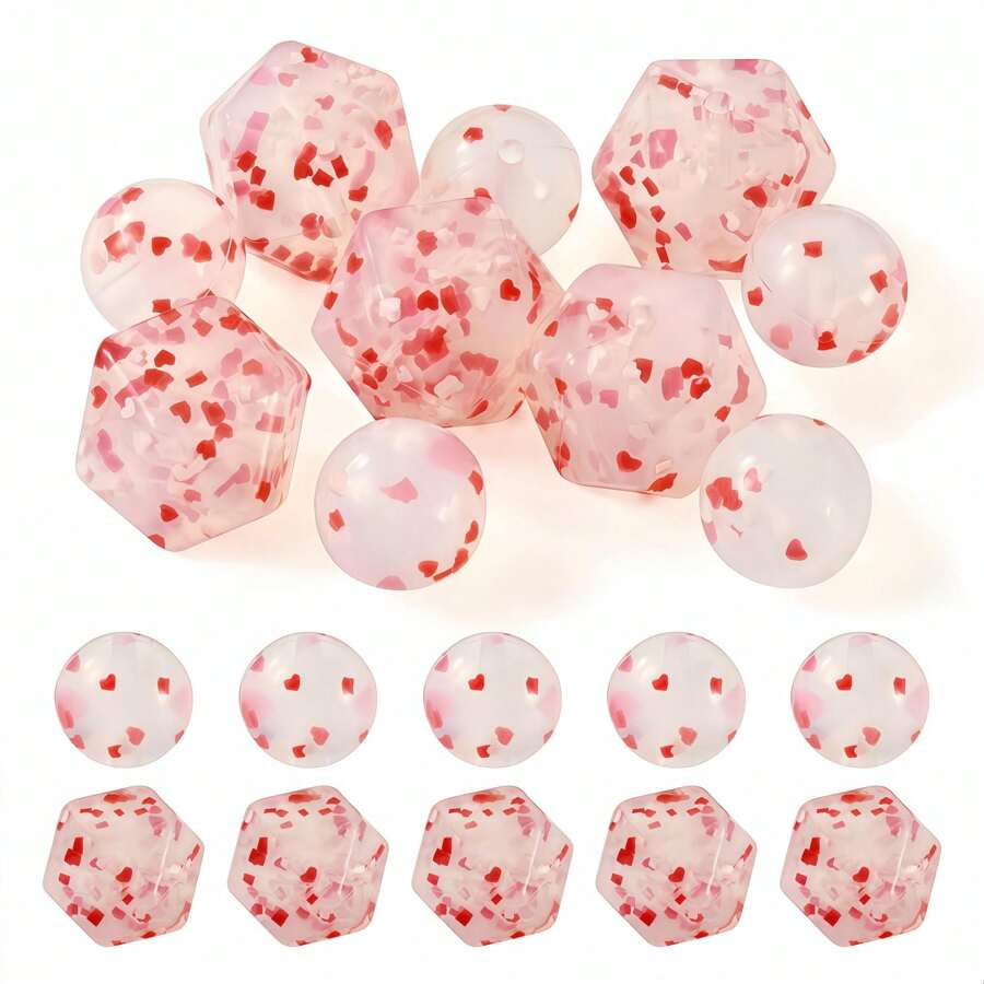 10pcs Sweet Pink 15/17mm Silicone Beads Mixed Set - With Round & Hexagonal, Transparent Heart-Shaped Color Dots Inside, Ideal For Jewelry, DIY Bracelets, Unique Keychains, Animal Beaded Pens And Other Handmade Accessories