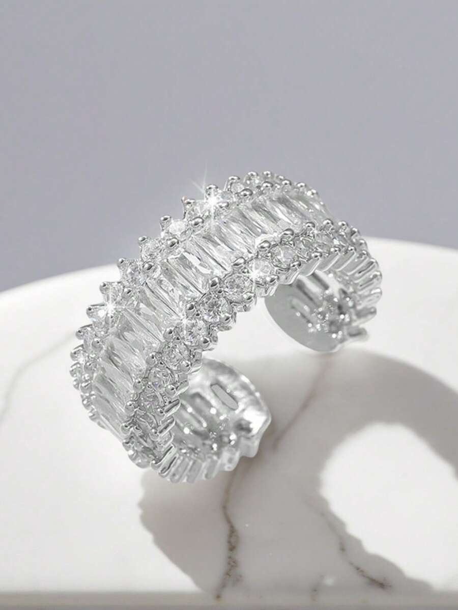 1pc Luxury Cubic Zirconia Ring, Elegant Promise Eternity Stackable Adjustable Rings For Women, Suitable For Wedding Engagement Party Daily Wear, Gift For Birthday Anniversary Valentine's Day Mother Day