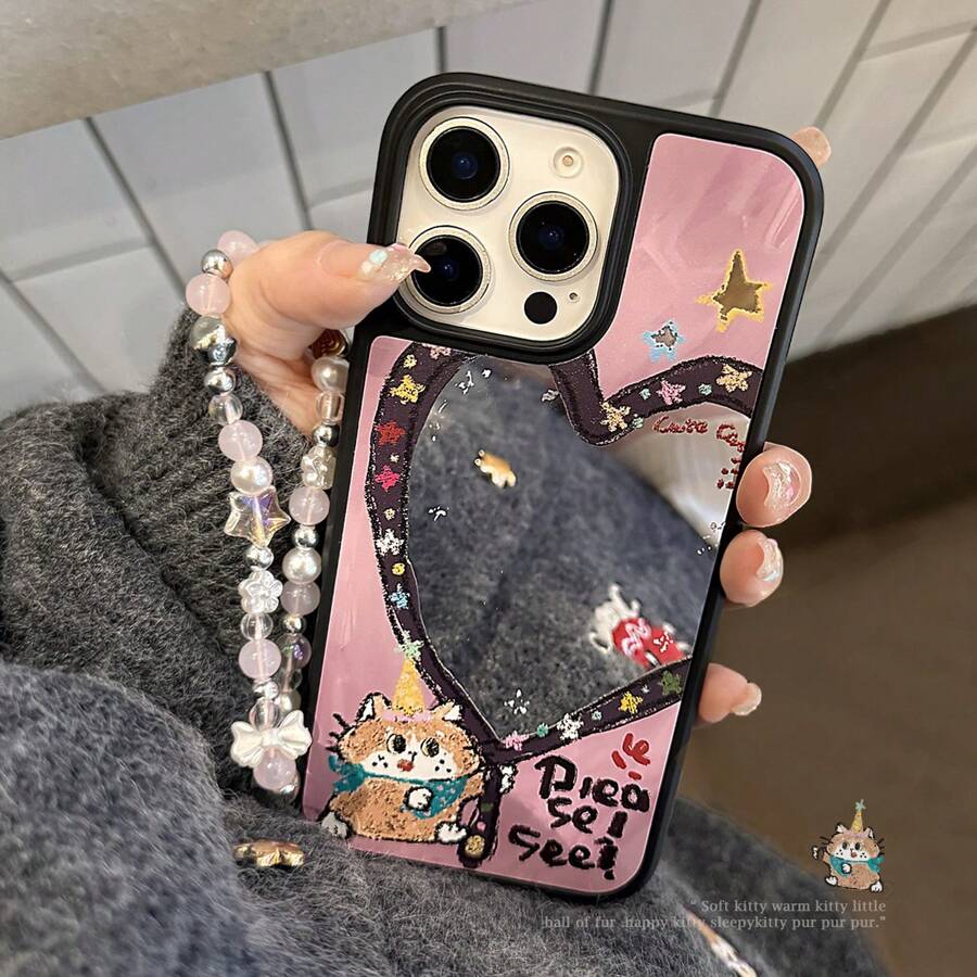 GUCADI 1 st. Zwarte Kat & Ster Decoratieve Spiegel Harde Telefoonhoes met Liefdeskralen Lanyard, Compatibel met 16/15/14/13 Serie, Schattig Cartoon Kattenontwerp, Niche Stijl