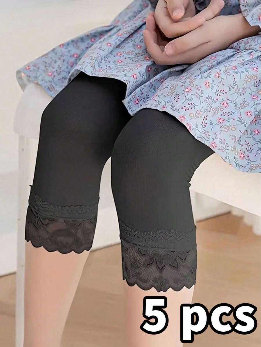 2/3/4/5 Pairs Lace-Trimmed Candy Color Girls 3/4 Leggings & Capri Shorts, Spring/Summer