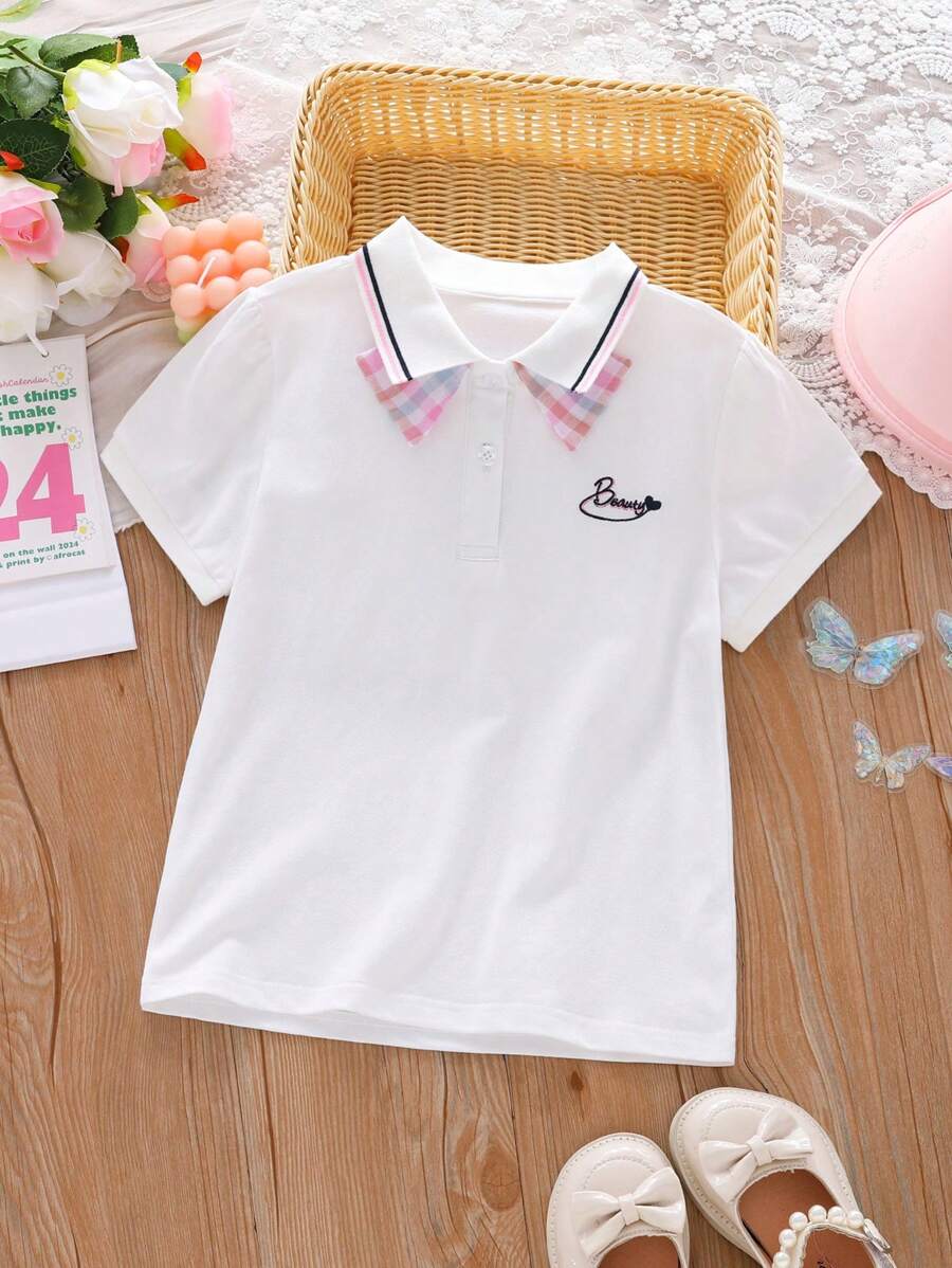 Top Polo Feminina, Estilo Casual Elegante Escolar com Bordado Xadrez, Cor Contrastante na Gola, Camiseta de Manga Curta, Tops de Cor Sólida Respiráveis e Macios, Novos Lançamentos de Verão para Meninas Pré-Adolescentes e Crianças