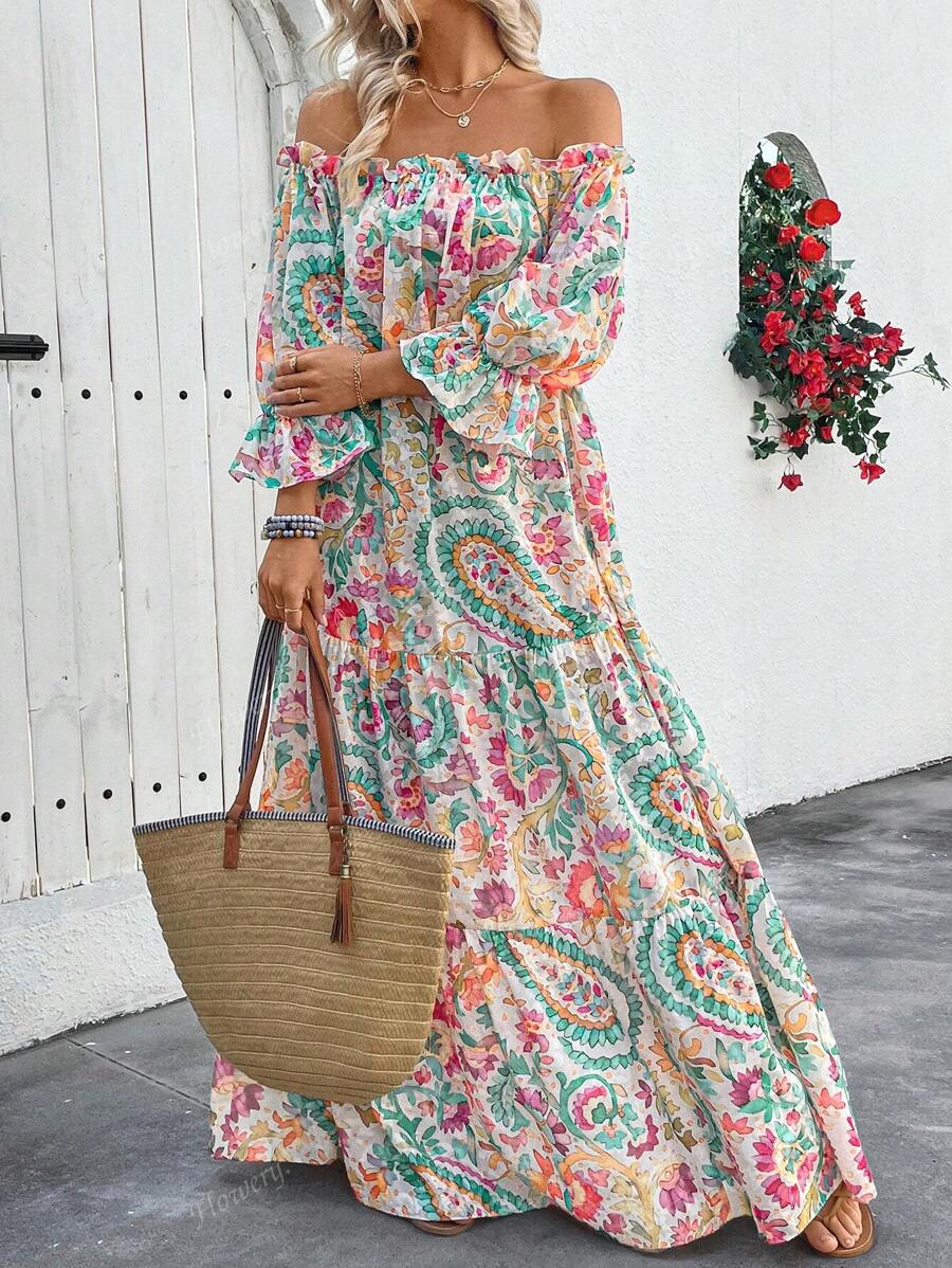 Vestido con mangas medias estampado en estilo bohemio para mujer, con cuello barco, mangas holgadas con volantes, estampado completo en estilo paisley, ideal como vestido largo tipo pareo para la primavera/verano, de uso casual diario