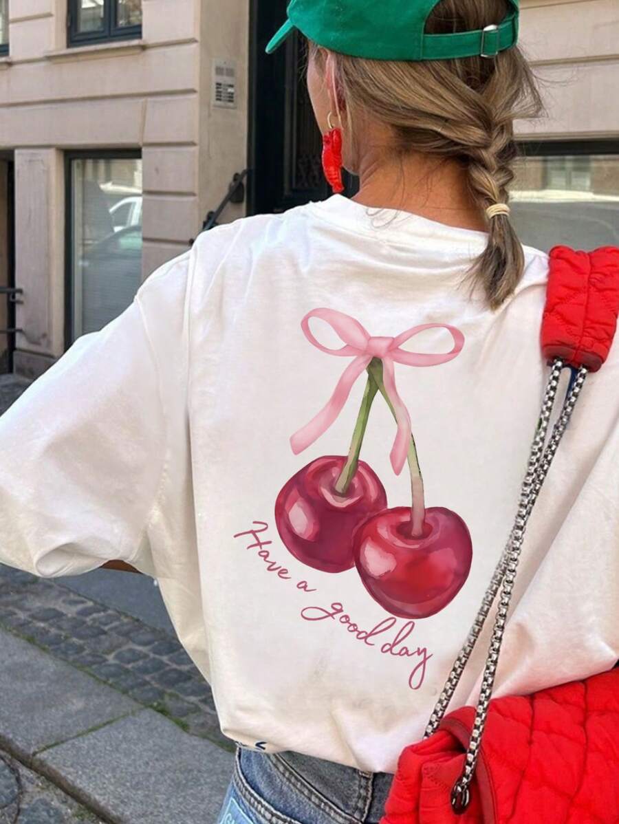 Women's Summer Letter Cherry Print Pattern Round Neck T-Shirt For Vacation Wear Graphic Tees Women White Top Black Top Pink Top Vacation Outfits Women