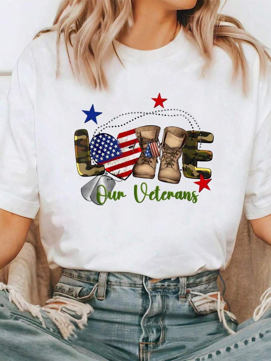 Love Our Veterans Day Proud Military American Flag T-ShirtShort Sleeve Round Neck Casual Top For Summer & Spring, Women's Clothing