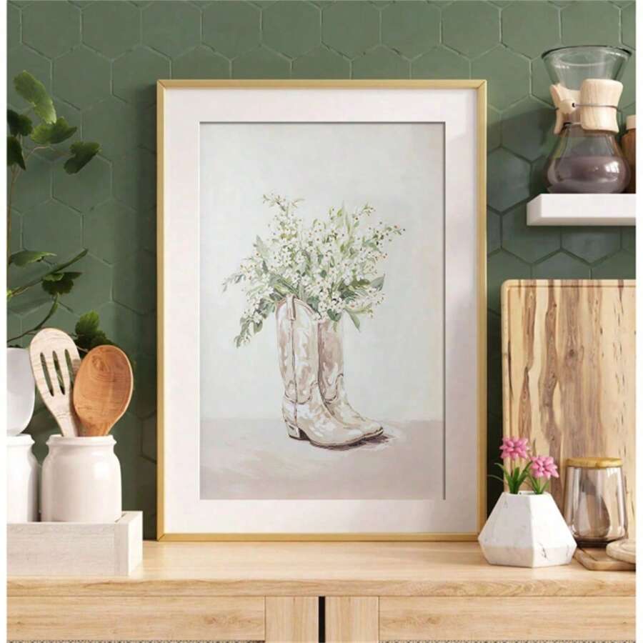 1pc Rustieke Cowboylaarzen Met Bloemen, Ongeraamde Canvas Wandkunstdruk, Neutrale Bloemen Western Kinderkamerdecoratie, Kust Cowgirl Esthetische Poster, Boheemse Slaapzaal, Grappige & Speelse Creatieve Canvas Wanddecoratie Voor Thuis Slaapkamer Keuken Woonkamer Badkamer, Café Kantoor Toiletruimte