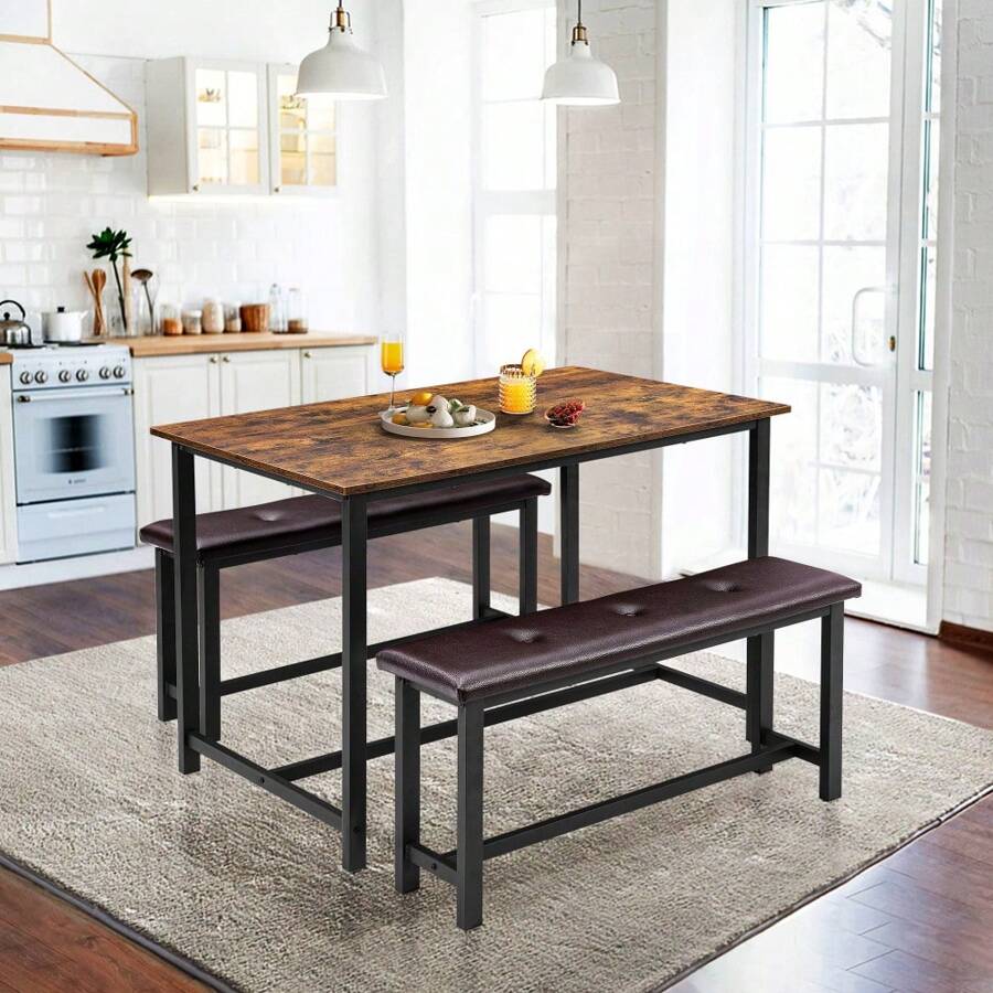 GOCAPTAIN Dining Table Set For 4, Rectangular Kitchen Table With Upholstered Bench And 2 Matching Benches, 3-Piece Set Perfect For Small Spaces, Apartments, And Studios(Rustic Brown)