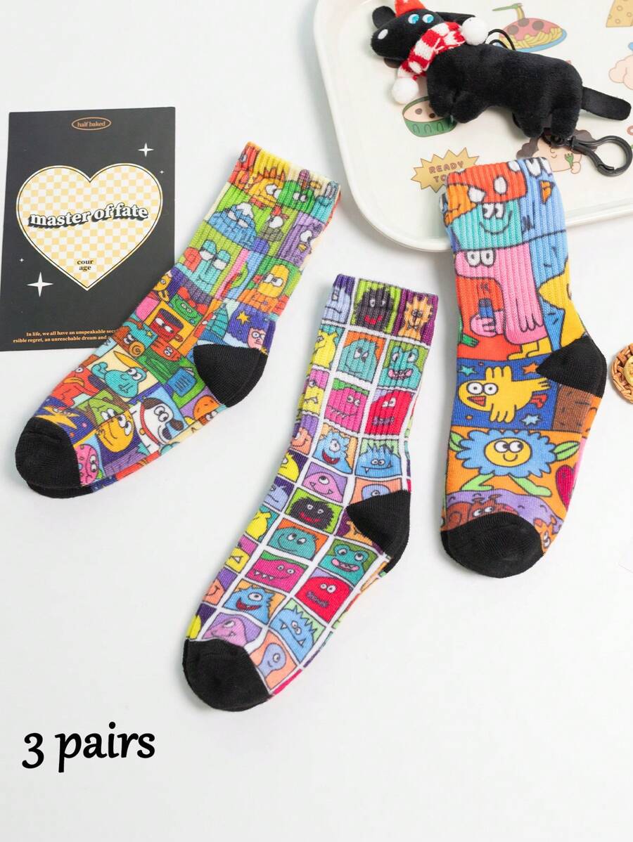 3 Pairs Of Spring And Autumn Mid Length Socks For Boys And Girls Aged 1-16, Personalized, Fashionable, Monster