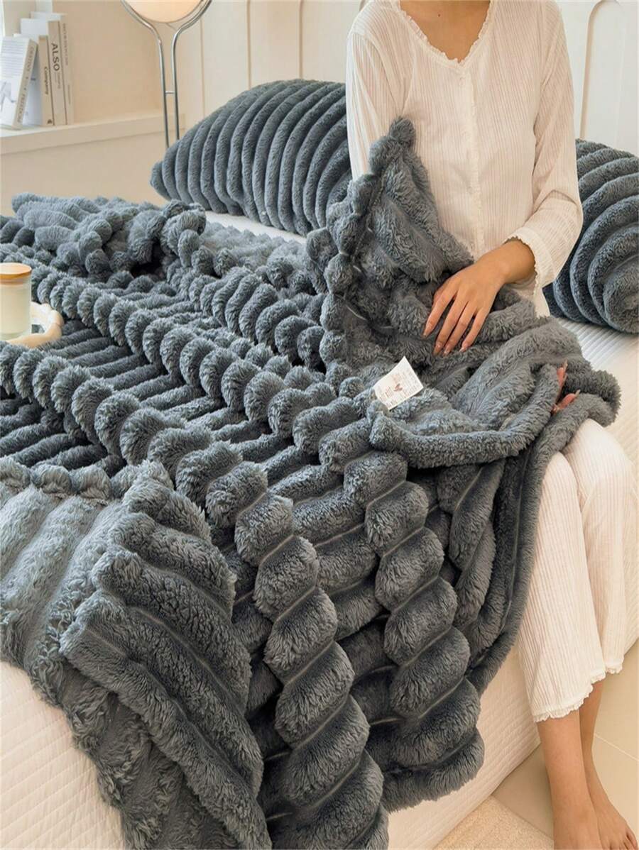 1 stuk effen gestreepte zachte warme pluche deken, multifunctionele deken geschikt voor bed, bank, reizen, kantoor, alle seizoenen, perfect cadeau voor vrienden en familie
