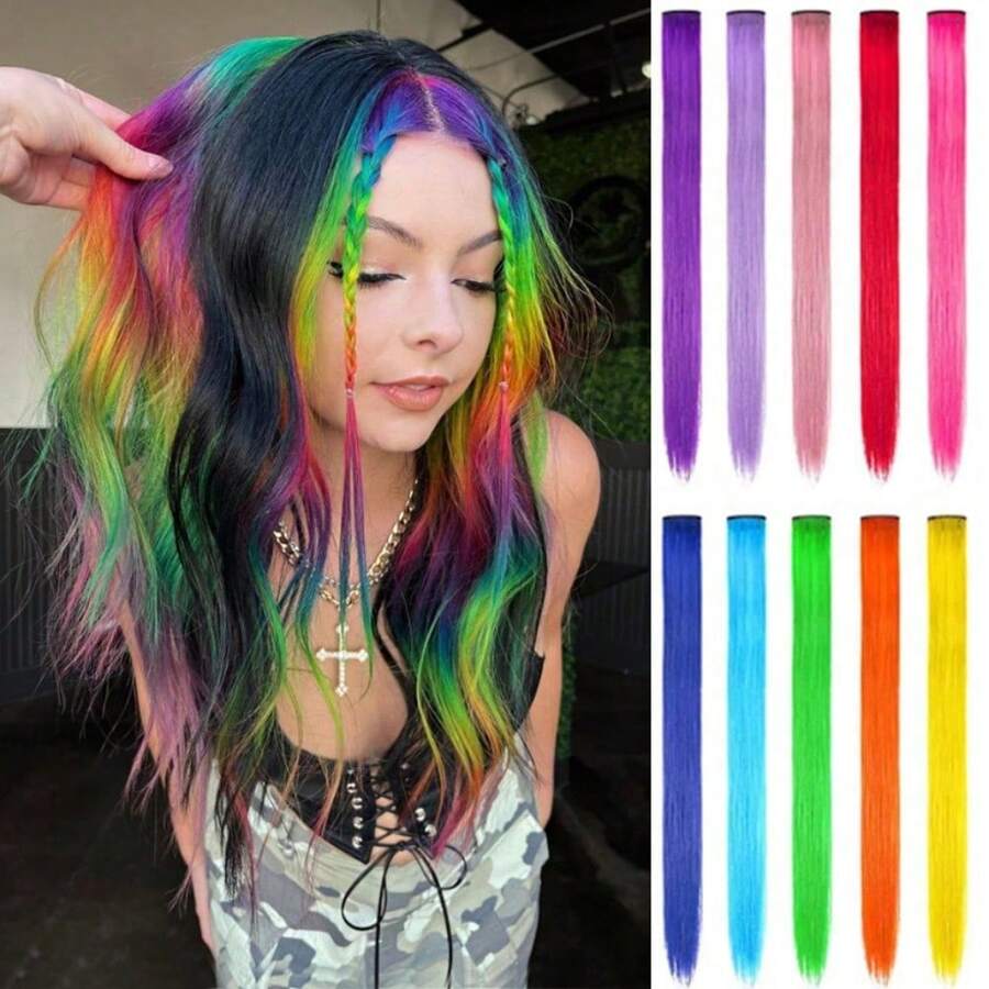 10 Stücke Bunte Regenbogen Haarverlängerungen, je dunkler die Färbung, desto heller der Leuchtstoff, für Frauen, gerade Clip-In Haarverlängerungen für täglichen Gebrauch, Kostümpartys, Cosplay, Y2K Stil, Mode Party, Geburtstaggeschenk für Frauen