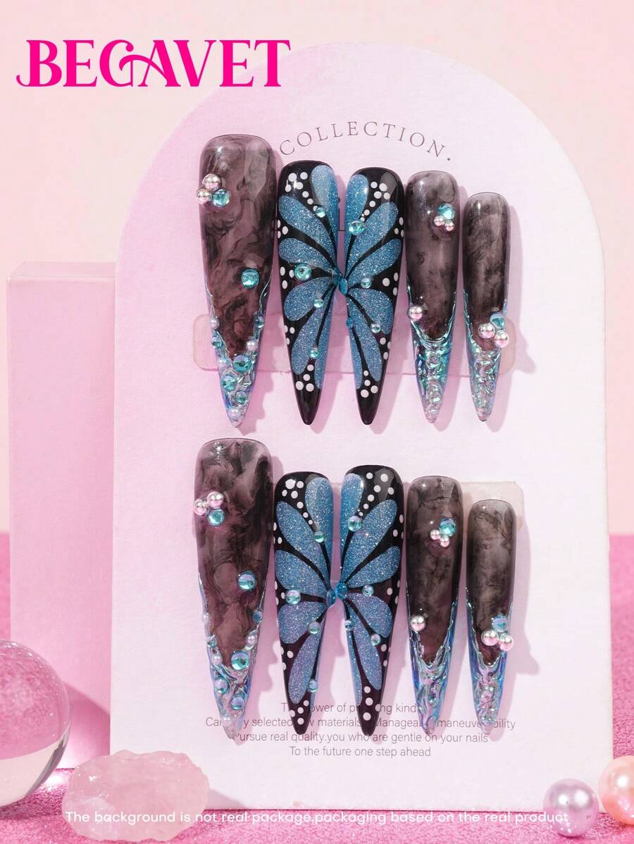 BEGAVET New Spring&Summer Collection 10pcs Handmade Salon Quality Nail Art Press On Nails Handpainting Shimmer Nails Super Long Exclusive Design 3D Nails With 3D Charms, Suitable For New Year Parties/Music Festival And Daily Wear