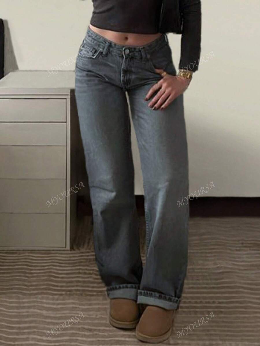 MYOURSA Jeans en denim simple et décontracté avec poches avant à boutons pour femmes
