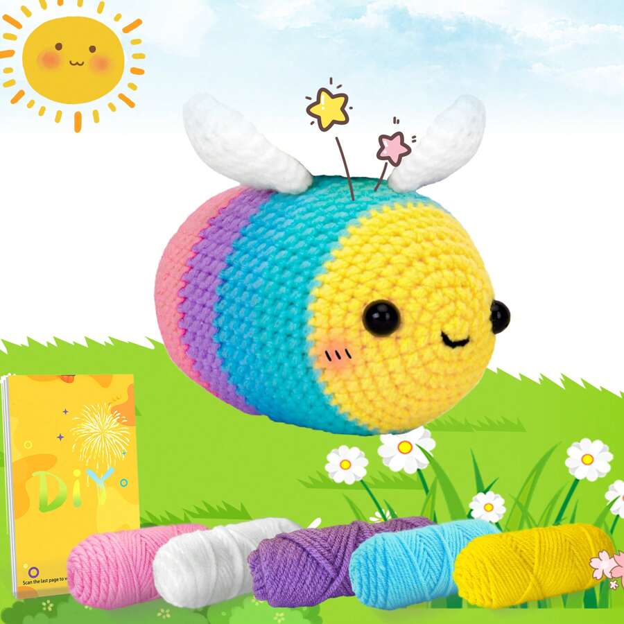 DIY Colorful Bee Crochet Set Suitable For Starters Who Are New To Crochet Craft Decor With Step-By-Step Instructions Handmade Crochet Knitting Kit Suitable For Doll Gifts, Stress Relief, Knitting Learning. Crochet Material Kit For DIY Beginner Gift With Complete Material Package