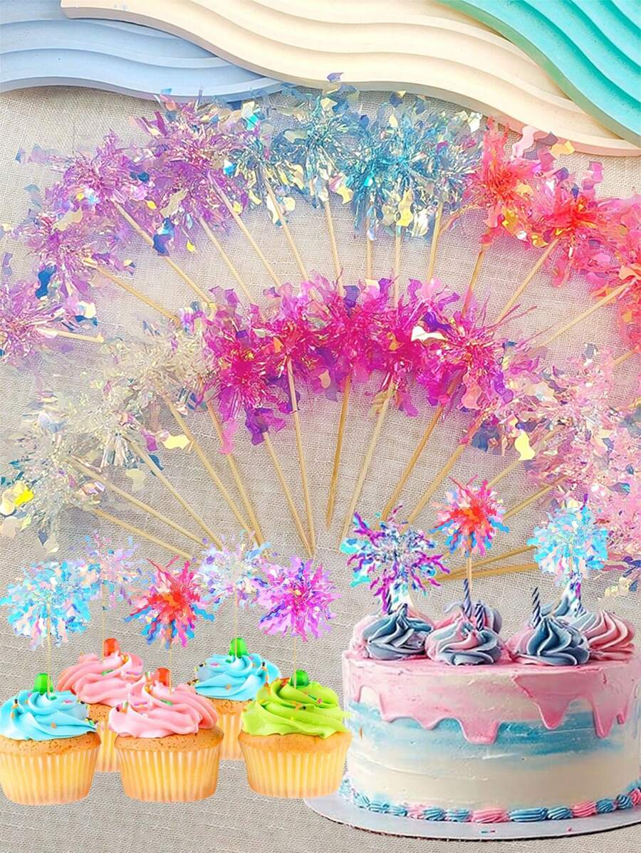 10/30/50/100Pcs Happy Birthday Cake Toppers, Foil Firework Cupcake Toppers, Sparkle Tinsel Cake Toppers Cocktail Food Toothpick For Birthday Wedding Graduation Party Supplies