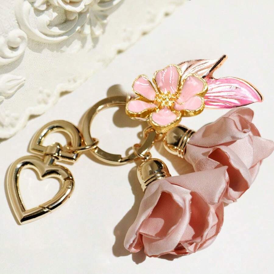 1 pieza Llave creativa con diseño de pétalos negros y rosas, hoja, flor, colgante de tela con flecos, accesorio para bolso, cartera, decoración de mochila, accesorio de coche, regalo para la novia, amigo, madre