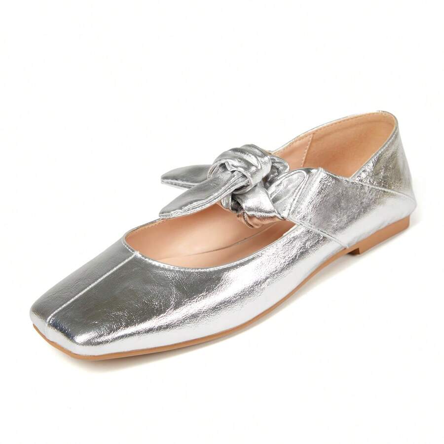 Ballet Flats For Women Square Toe Leather Bow Mary Janes Comfortable Casual Office Walk Dress Shoes