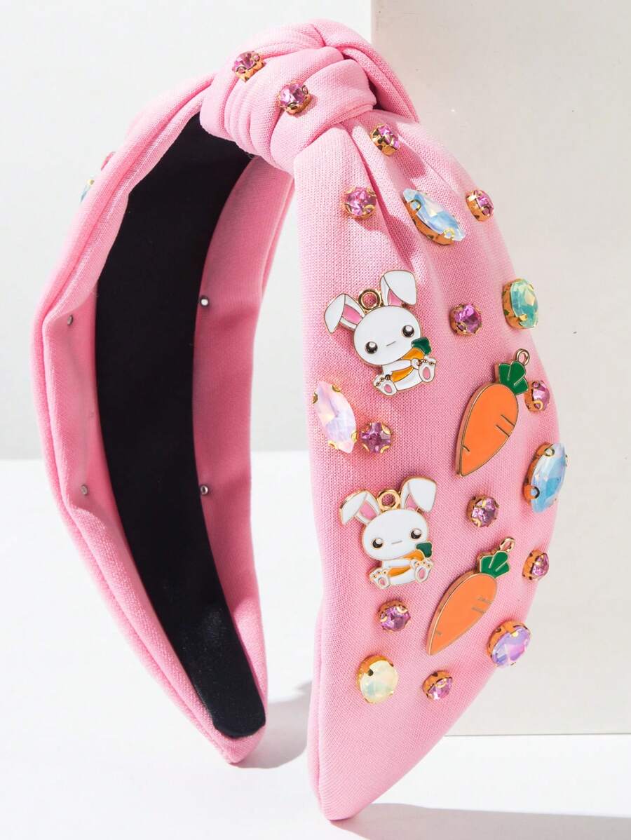 1 pieza Diadema con estilo de orejas de conejo y decoración de zanahoria, tema de Pascua, encantador para niñas, en colores blanco y rosa