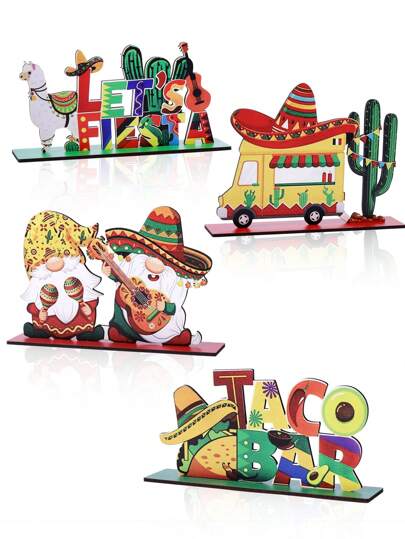 1 قطعة علامة على شكل منضد مسطح ثنائي الأبعاد، ديكورات حفلة الخامس من مايو، ديكور مركزي خشبي على طراز المكسيكي لحفلات