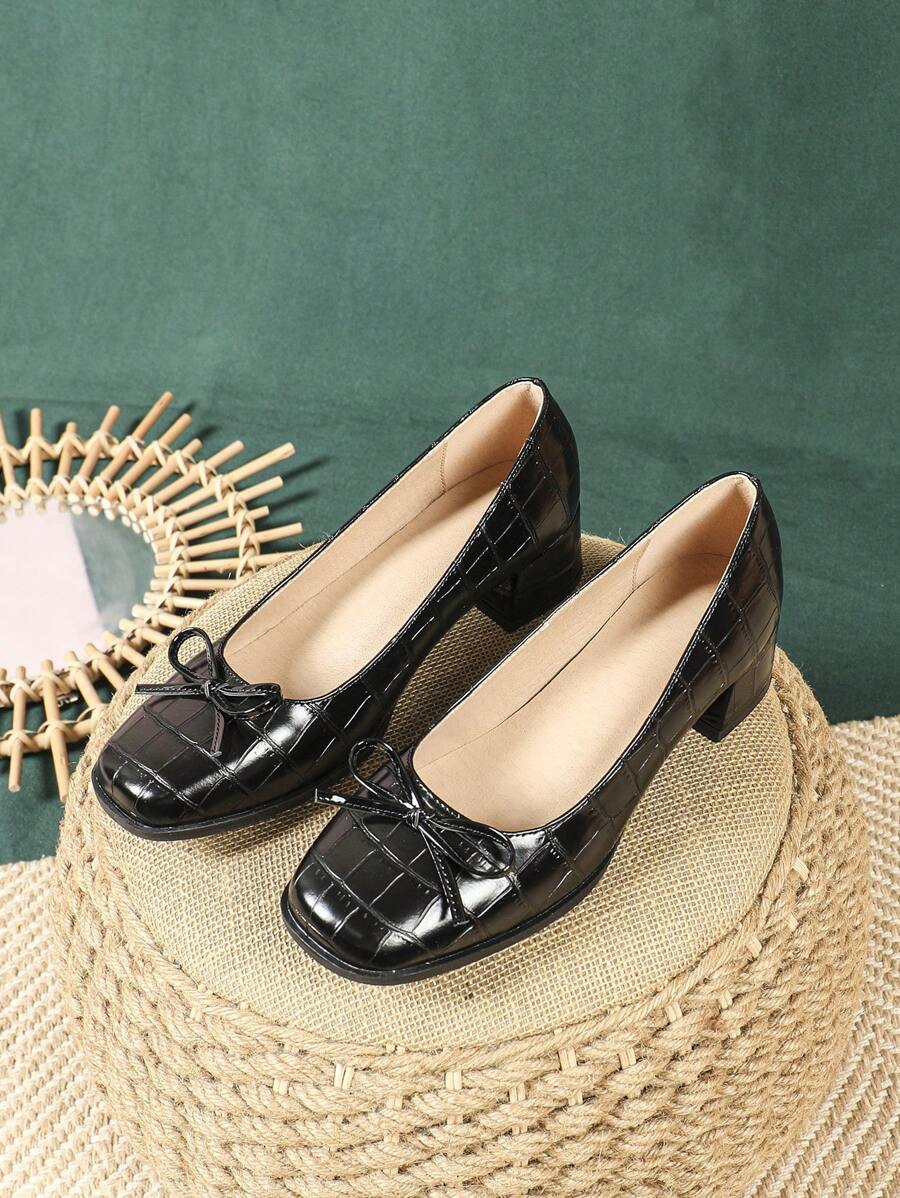 Women's Elegant Pumps For Spring, Autumn And All Seasons, Fashion Versatile Minimalist Design, Lightweight Comfortable Block Heels, Breathable Suitable For Daily Wear, Slip-On With Bowknot Buckle, Solid Colors: Nude, Black, Stone Texture Mary Jane Round Toe High Heels