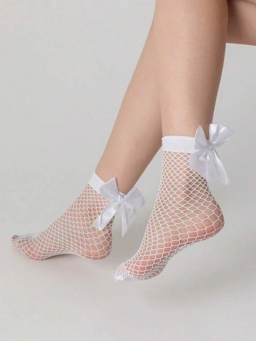 1 paire de bas à nœud papillon en maille pour enfants, style princesse avec chaussettes en soie blanche et chaussettes en résille noire, pour adolescents