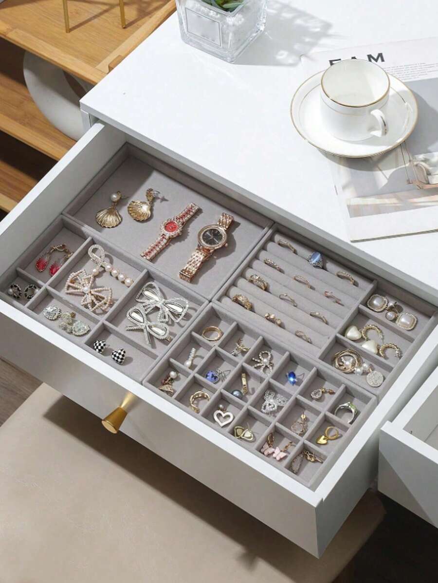 4 Pieces Set: 1pc Velvet Jewelry Tray, Stackable Multi-Compartment Jewelry Storage Box, Removable Jewelry Organizer Tray For Earrings, Rings, Necklaces, Lipsticks, Skincare, Makeup
